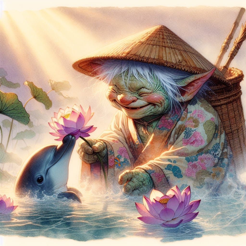 Gremlin and Dolphin in Ukiyo-e Style