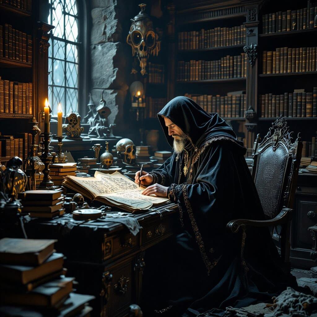 Scholar Deciphers Runes in Dark Biomechanical Style