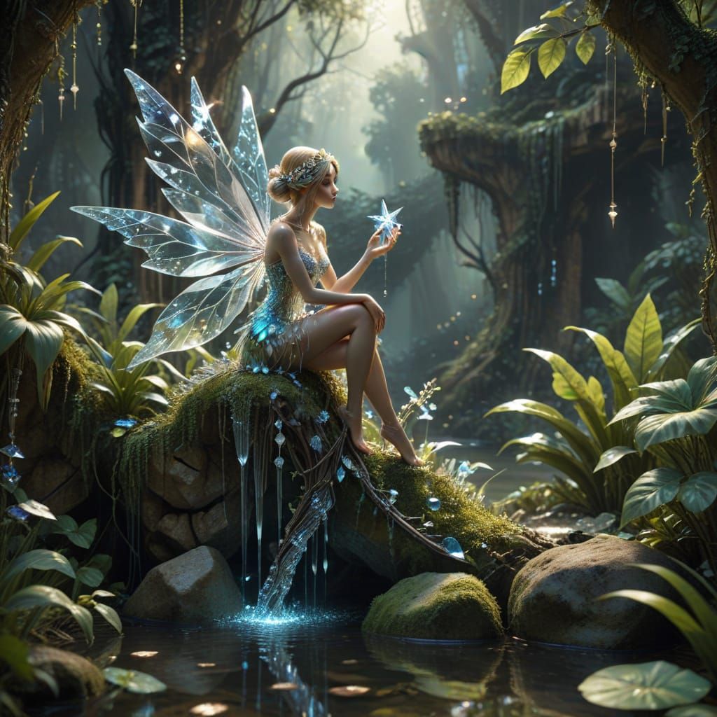 Sparkling Crystal Fairy on Branch in Jungle Ruins