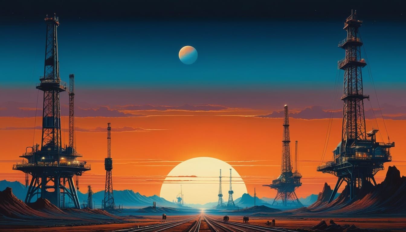 Lunar Oil Field at Dusk, in Atmospheric Oil Painting Style