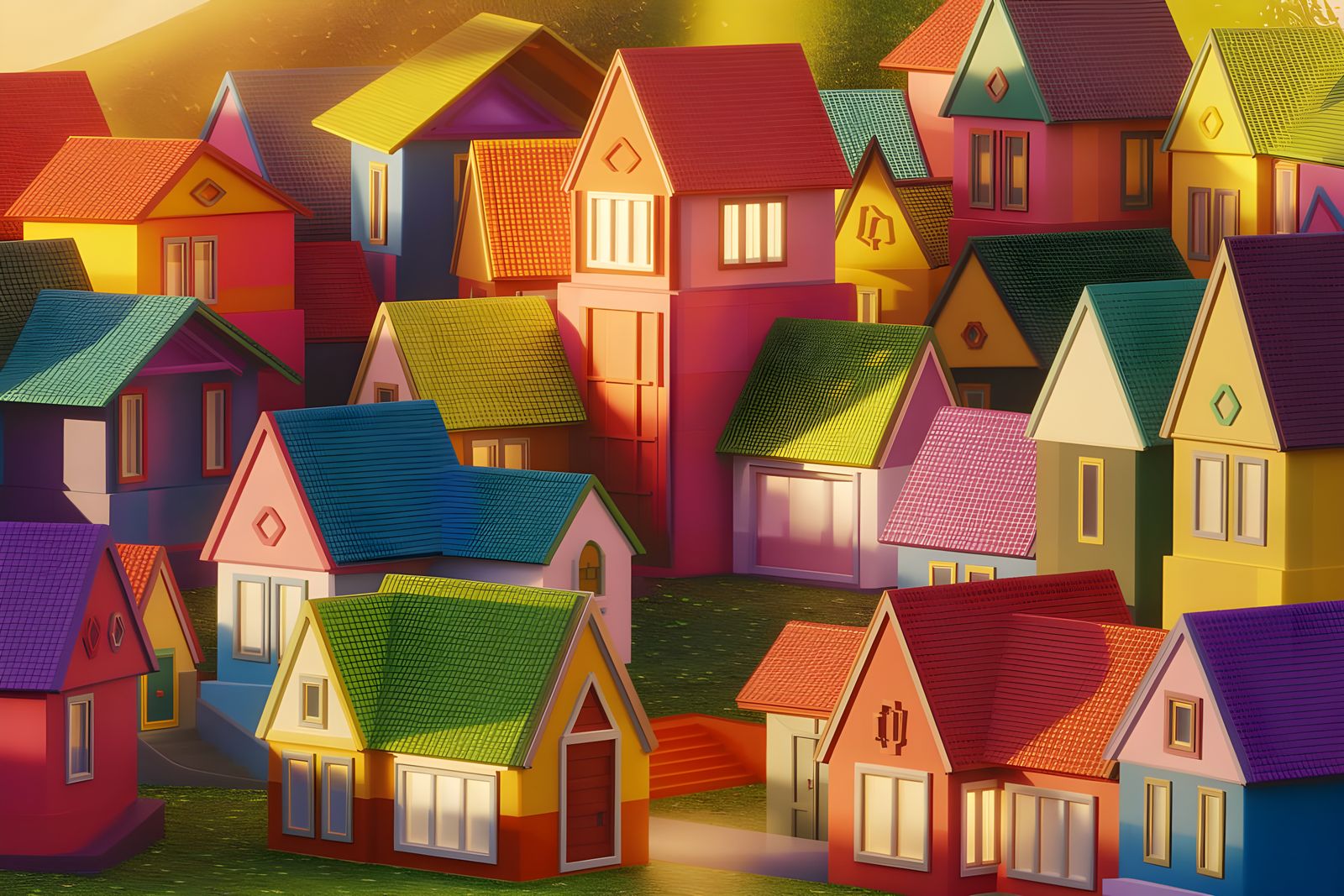 Vibrant Village Entrance in 3D Geometric Art