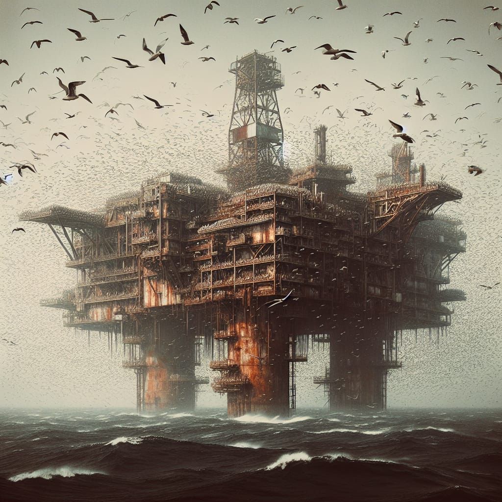 Abandoned Offshore Oil Rig Dominated by Seabirds
