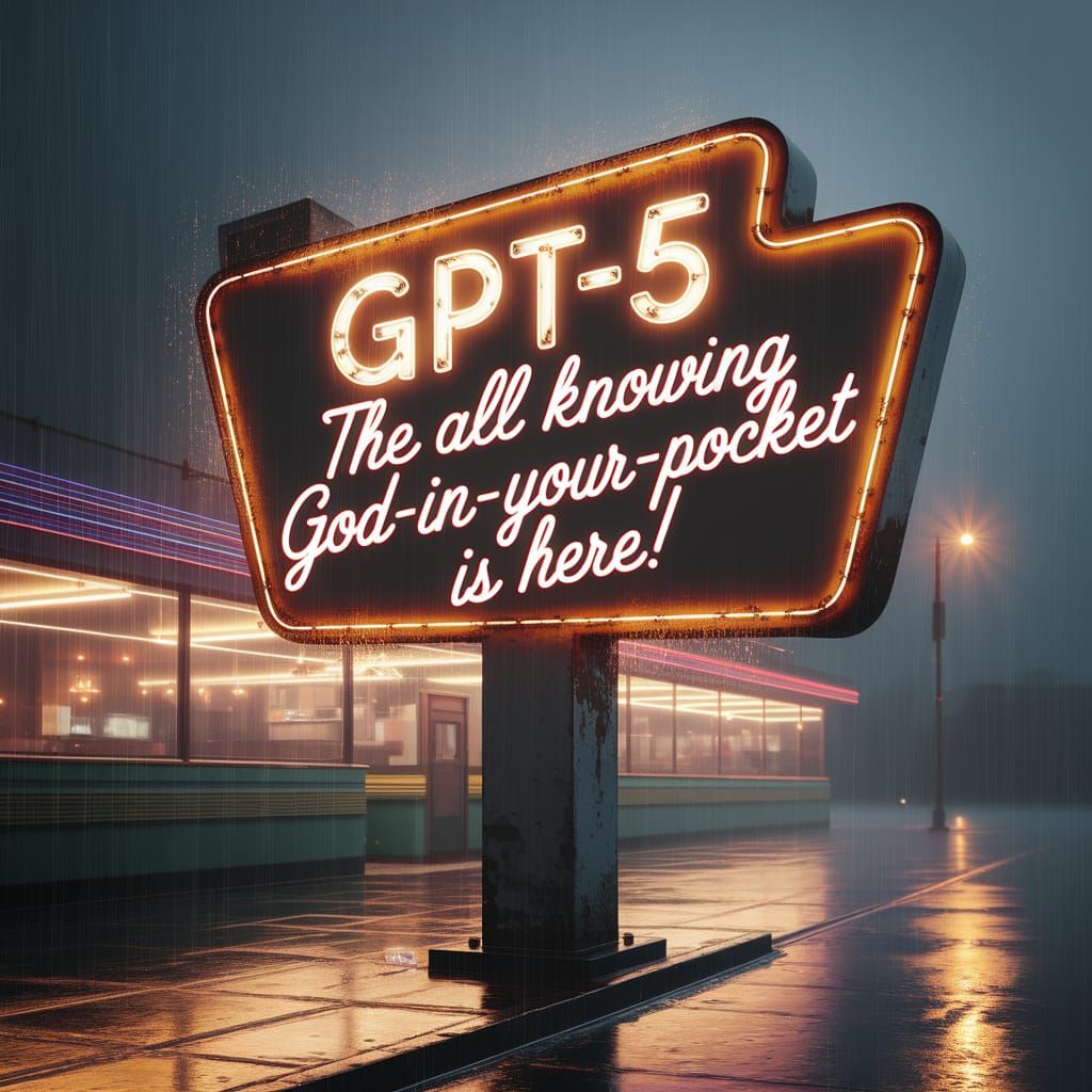 Vintage Neon Sign: GPT-5 God, in Gregory Crewdson Style