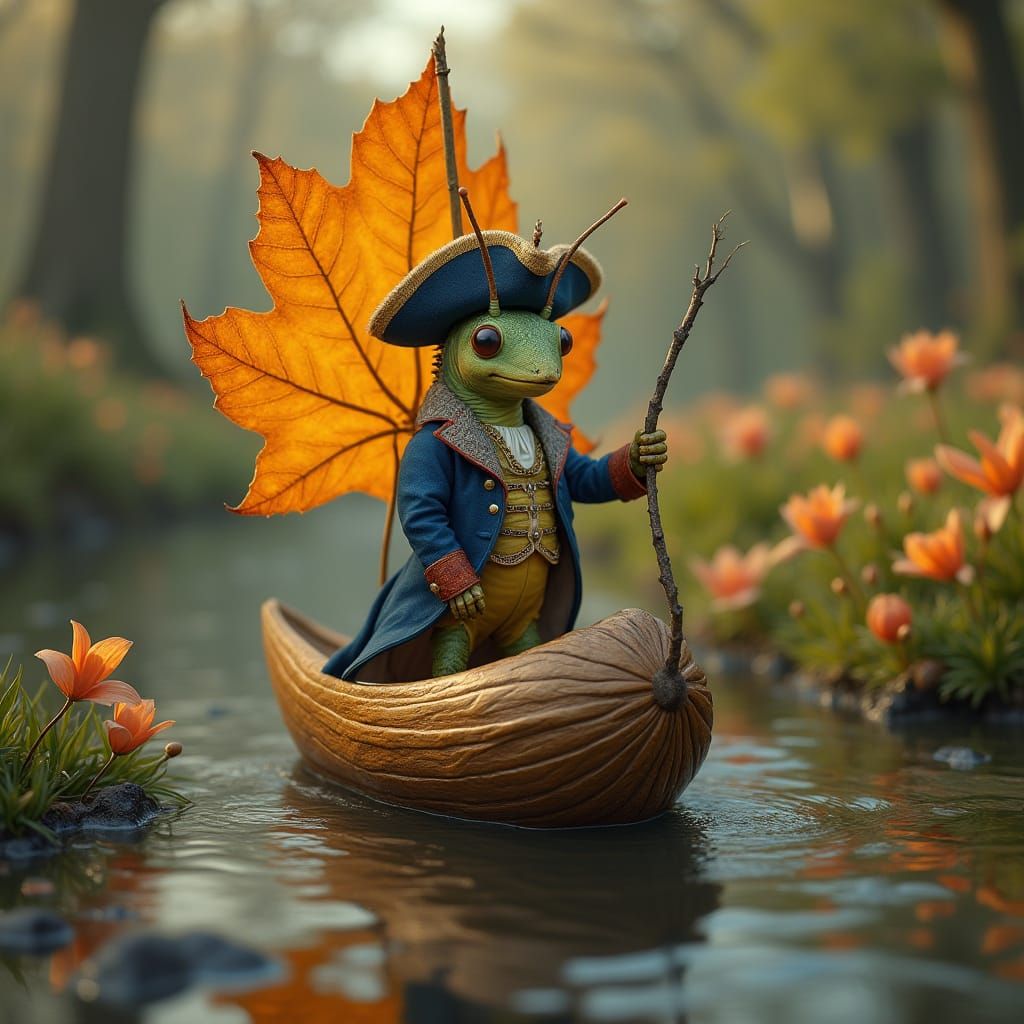 Cricket Admiral Sailing a River in a Shell