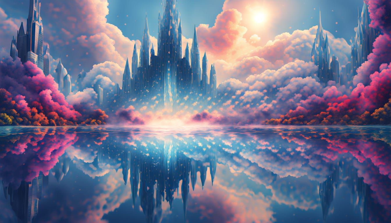 Vibrant Water Metropolis Rises into a Luminous Blue Sky