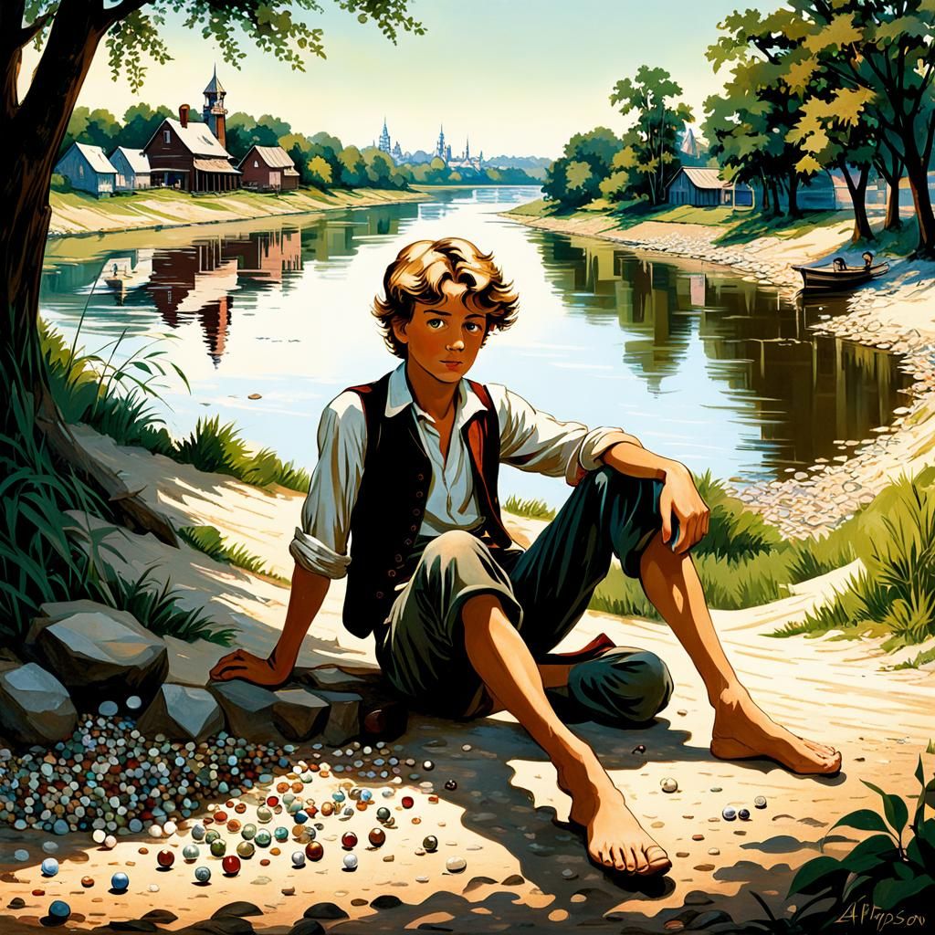 12 year old Tom Sawyer sits barefoot on the banks of the Mis...