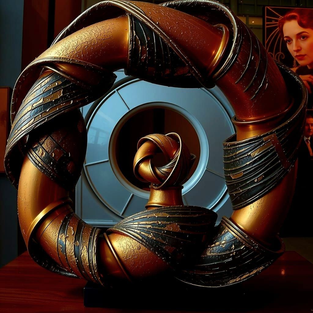 Intricate Brass and Wood Sculpture of Abstract Forms