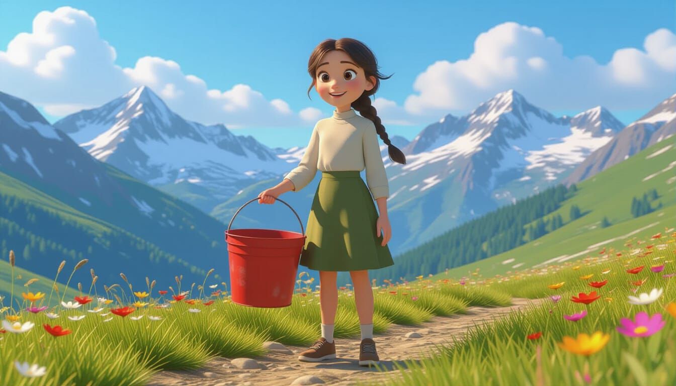 Pixar-Style Girl with Red Paint Bucket in Landscape
