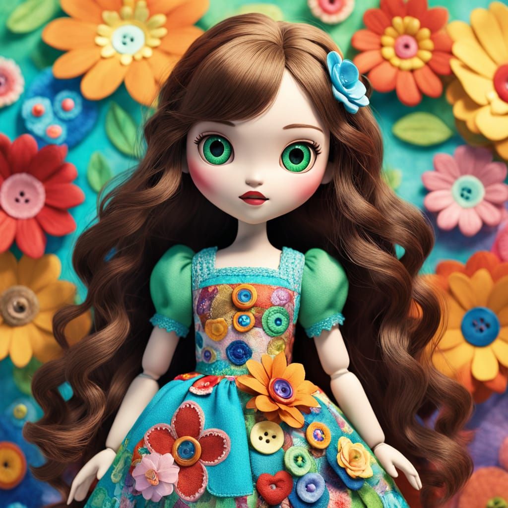 Pixar Style Kawaii Doll in Patchwork Dress