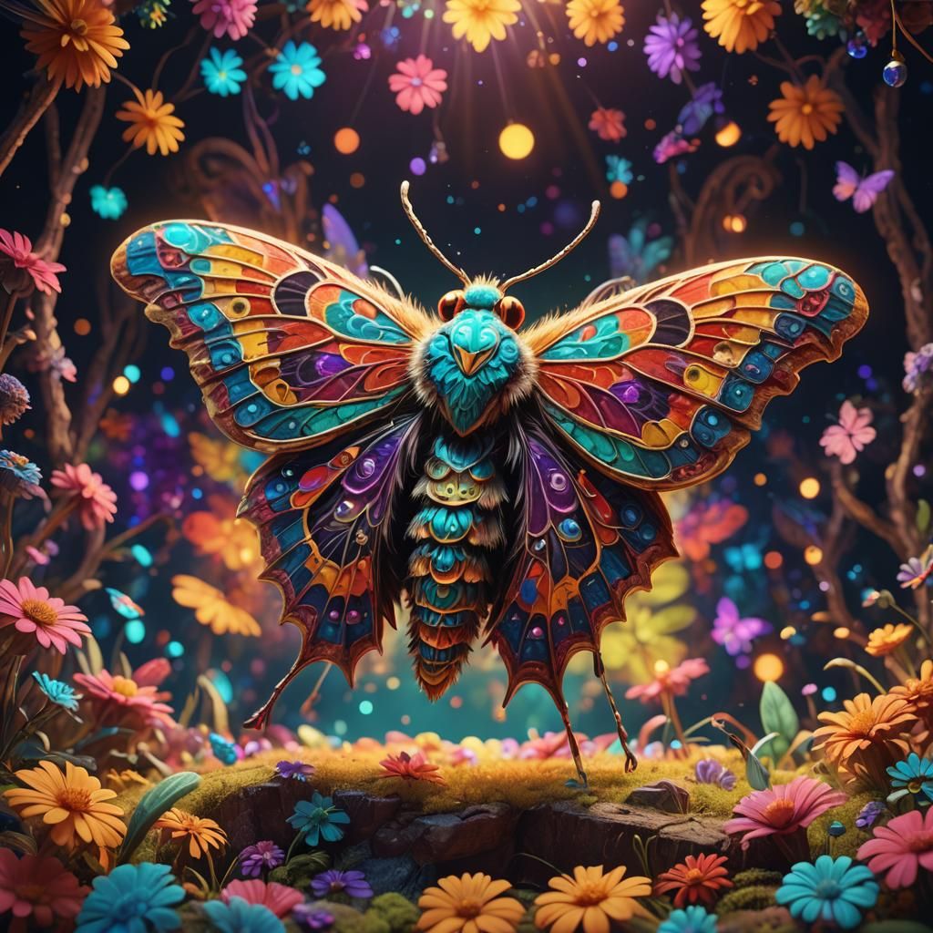 Psychedelic Moth on Stage in Detailed Matte Painting