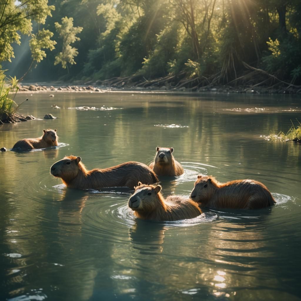 Capybaras Swimming in Serene River: Cinematic Still