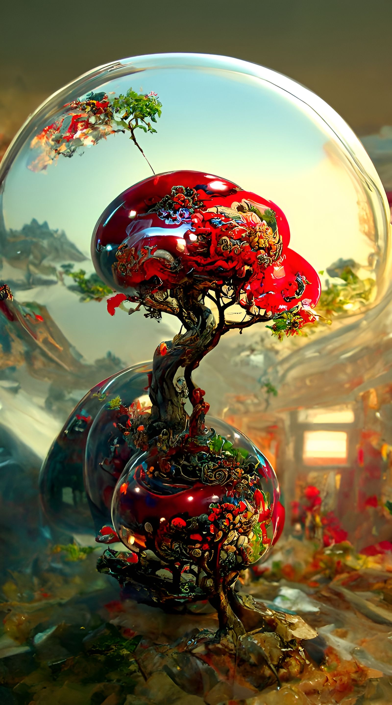 Red Bonsai Tree in Bubble: Psychedelic Fantasy Art
