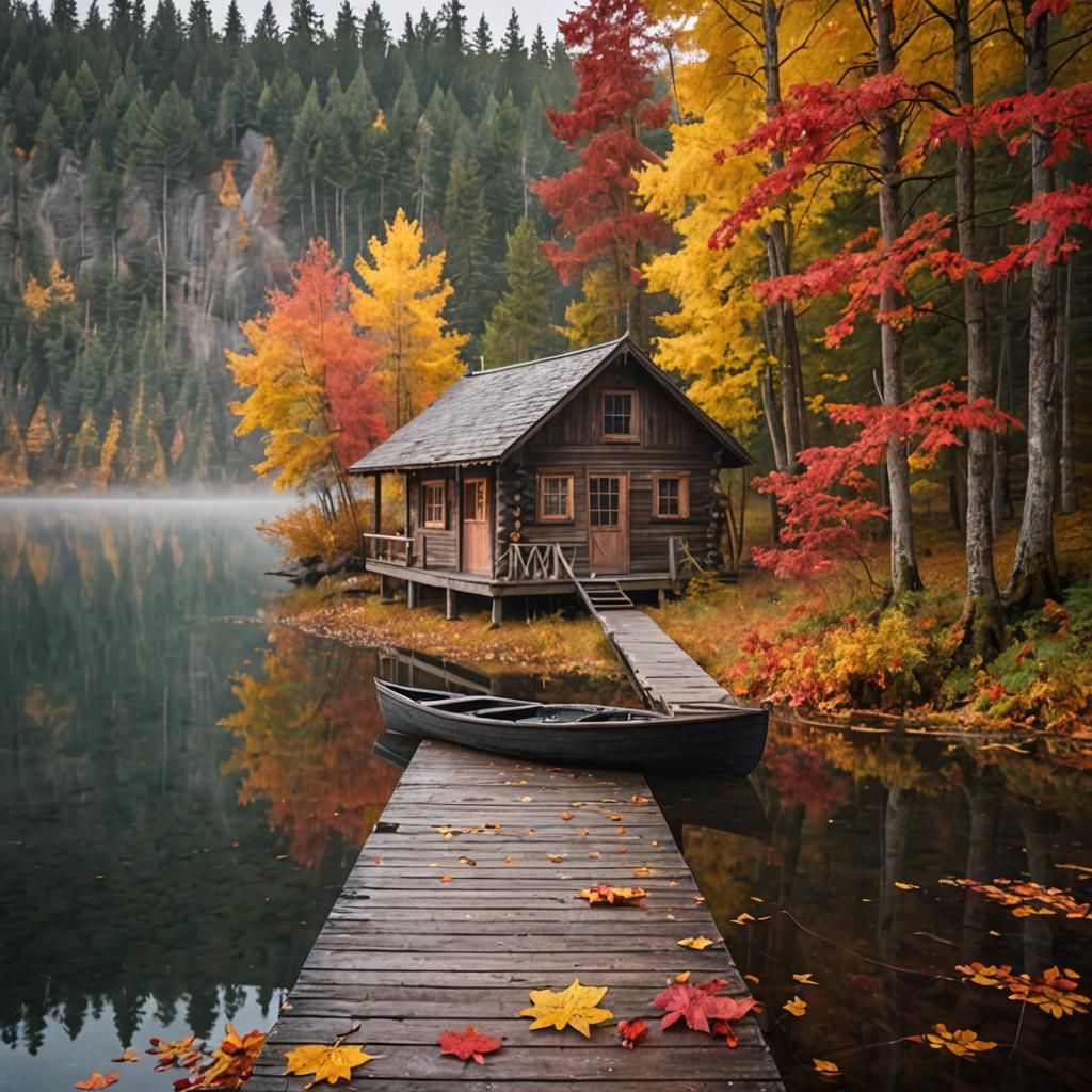 Autumn Cabin Retreat on Misty Lake