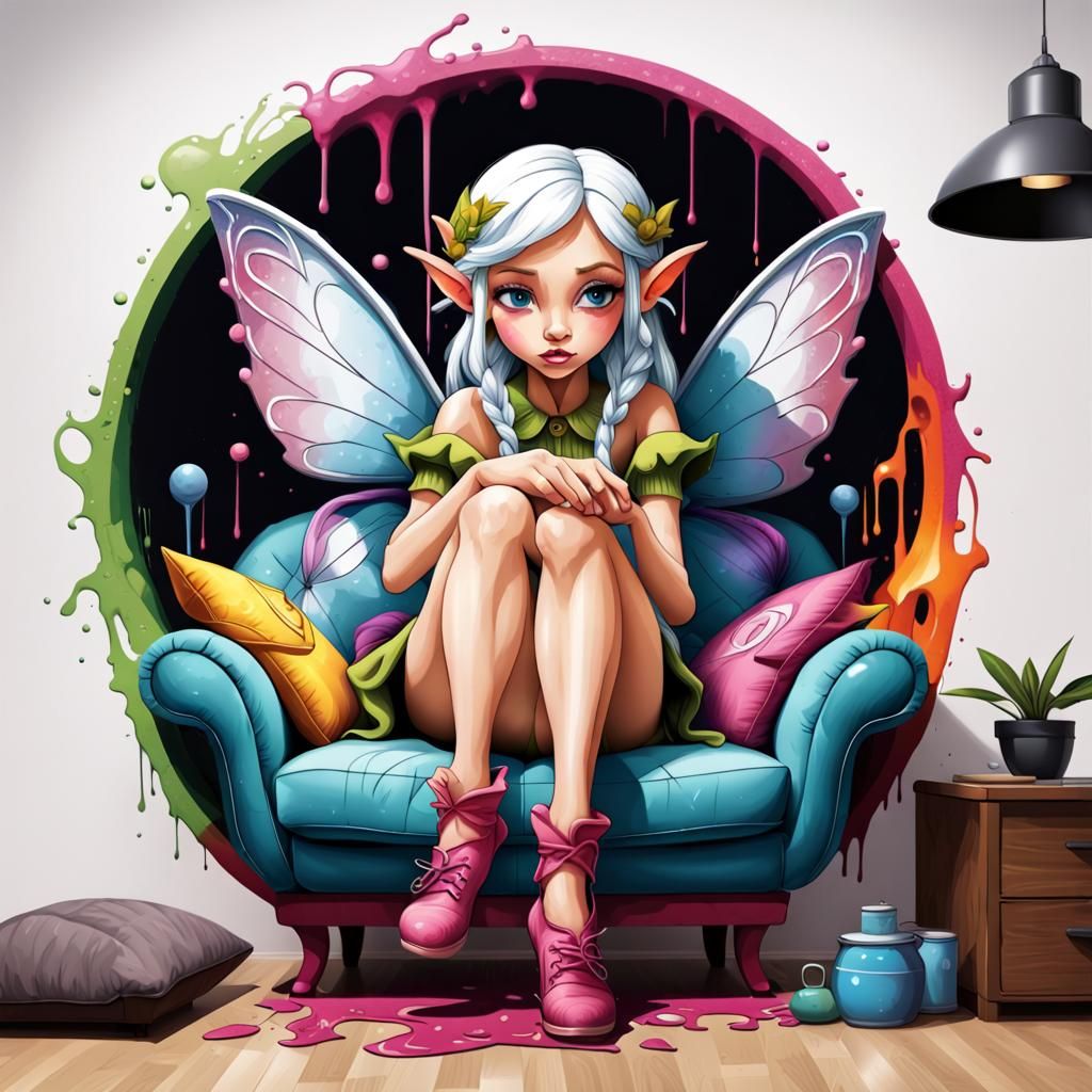 Knitting Fairy Elf Logo in Graffiti Art Style