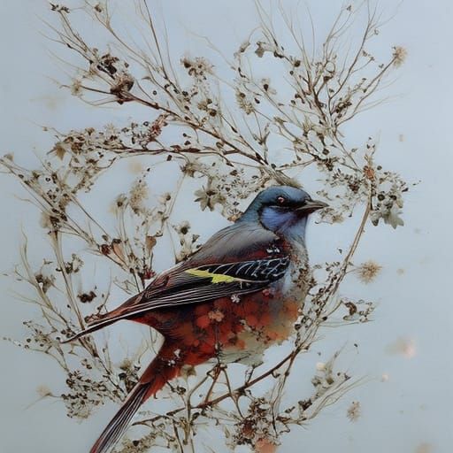 Winter Bird with Berries, Botanical Art