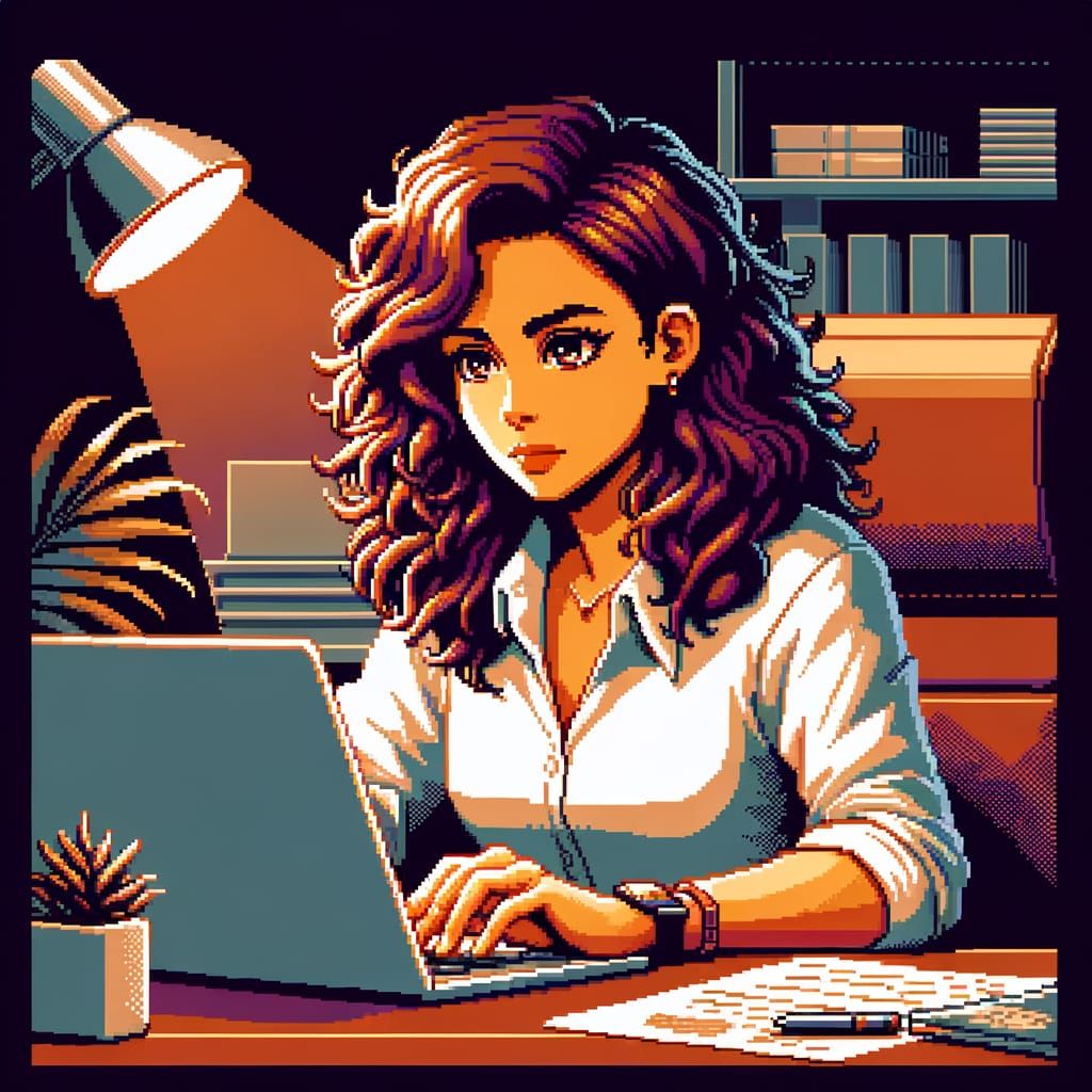 Hispanic Woman at Desk in 16-bit Pixel Art