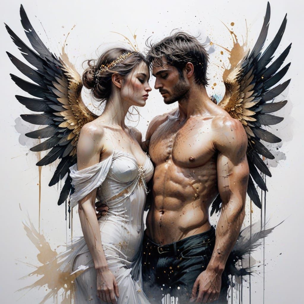 Angels Touching Foreheads in Cosmic Heart, as Watercolor