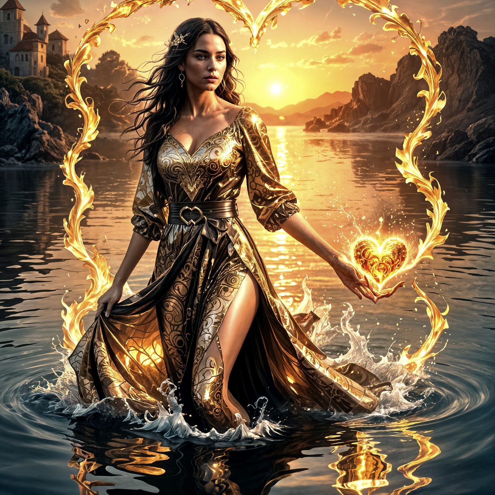 Fantasy Woman with Burning Heart in Stormy Landscape