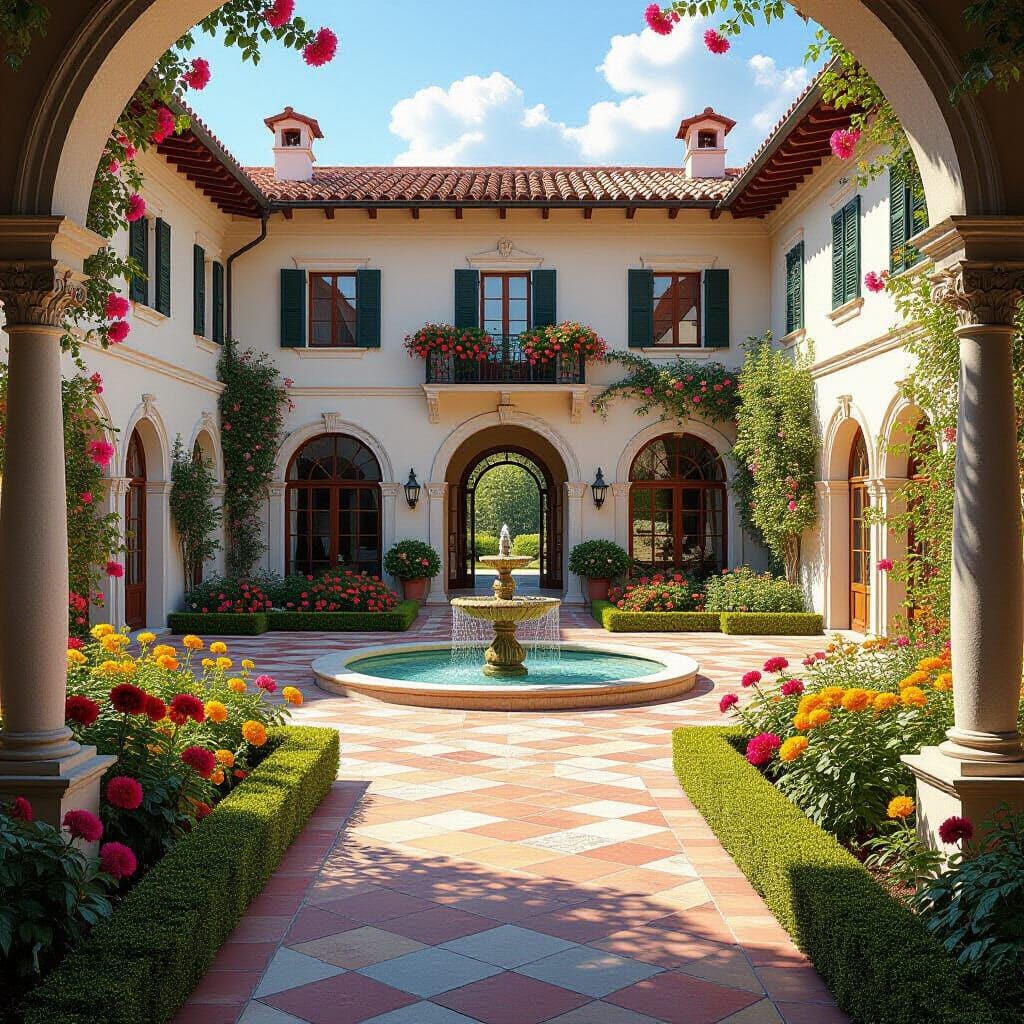 Luxurious Villa with Courtyard Fountain, Photorealistic Styl...