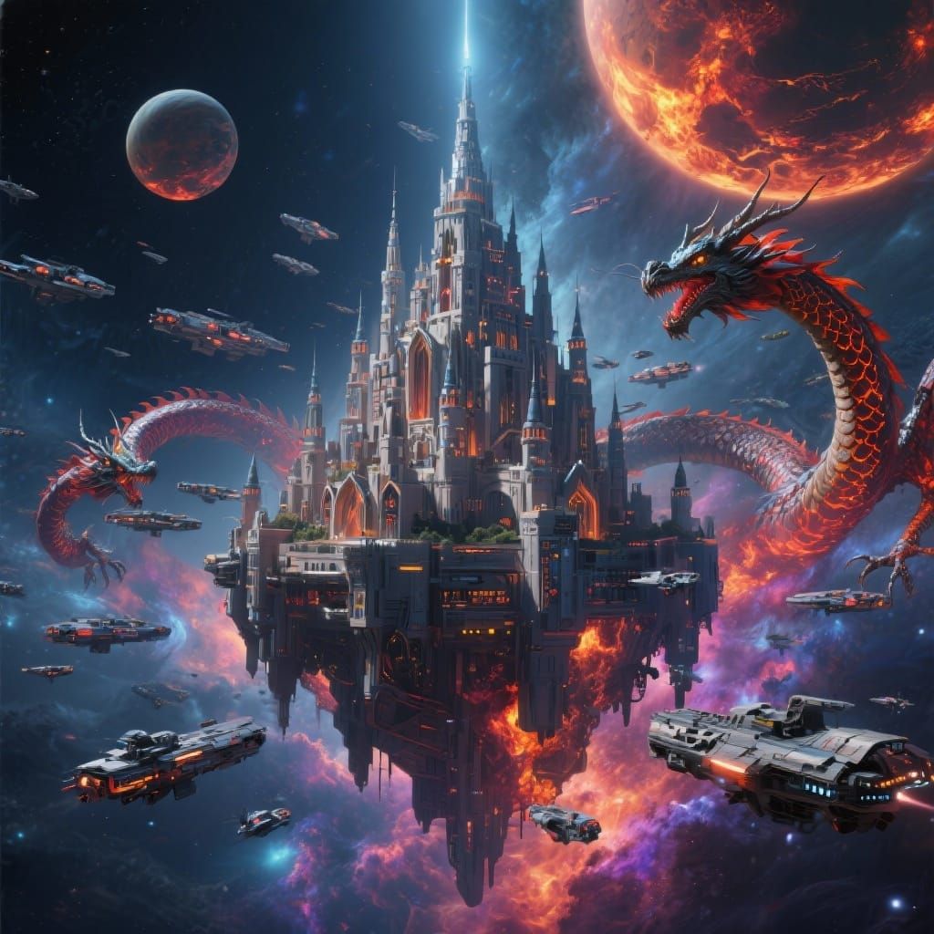 Futuristic Cosmic Castle with Alien Dragons and Spaceships