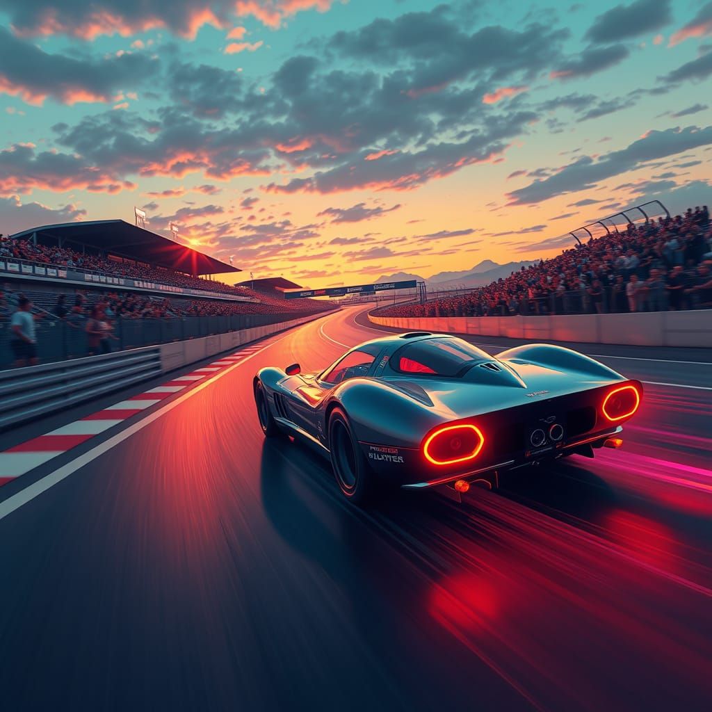 Futuristic Racer Speeds Through Dusk Crowd, Syd Mead Style