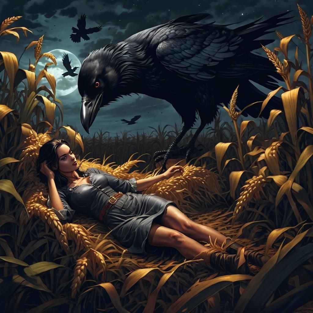 Farm Girl Menaced by Giant Crow: Dark Comic Book Art