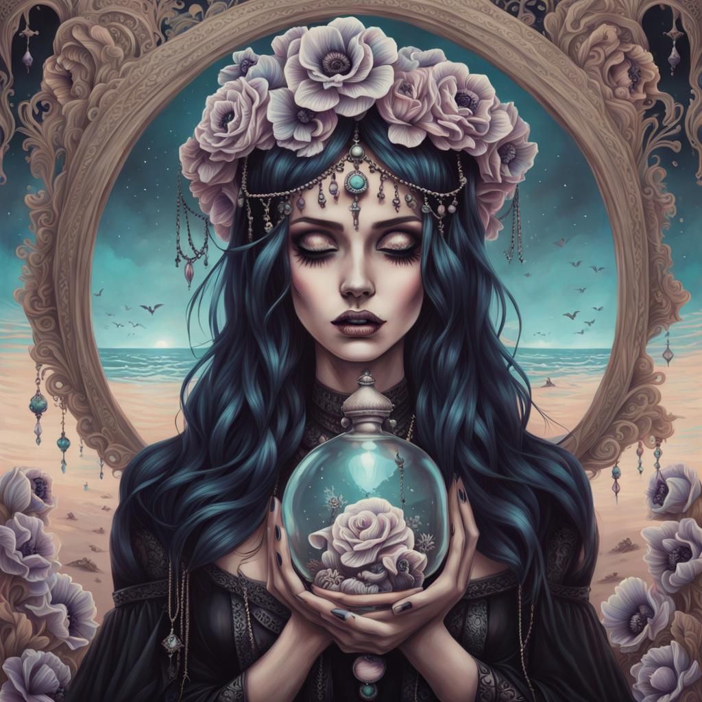 Pastel Goth Woman Crying with Broken Hourglass