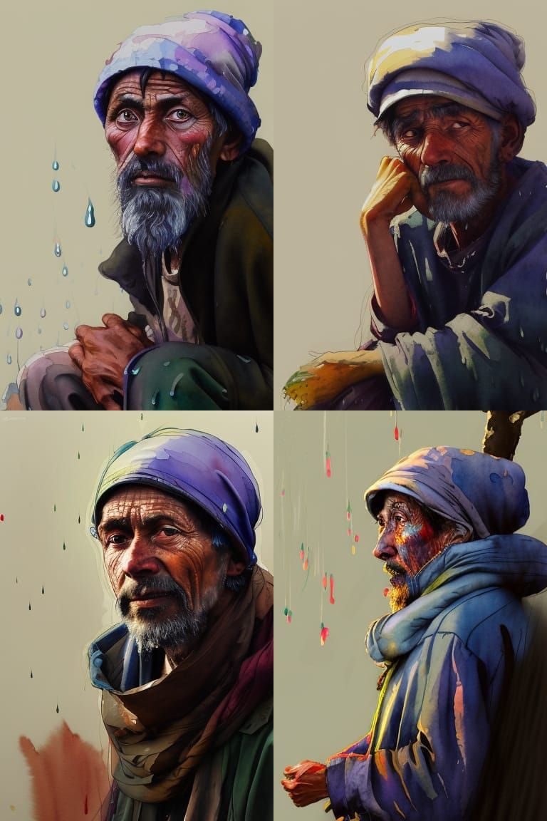 Watercolor Portrait of a Beggar in Rain
