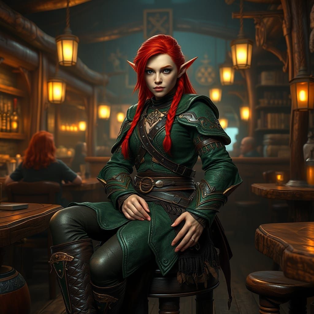Red-Haired Elf Pirate in Tavern, Fantasy Art