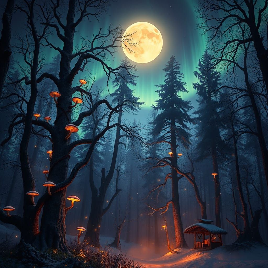 Ethereal Moonlit Forest with Dancing Northern Lights