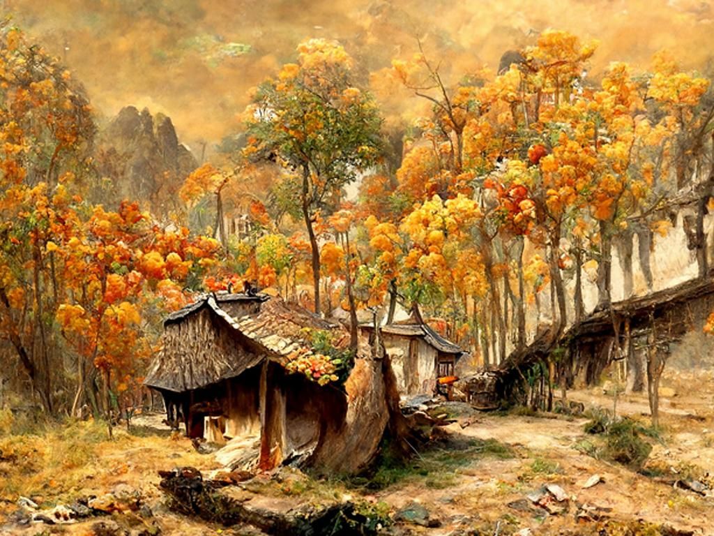 Autumn Bamboo Village: Oil Painting in Hyper-Realism