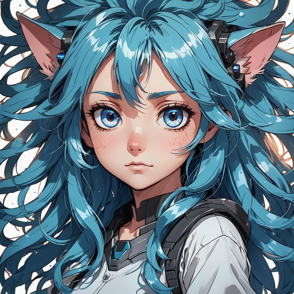 Adorable Fluffy Creature with Blue Hair, Anime Style