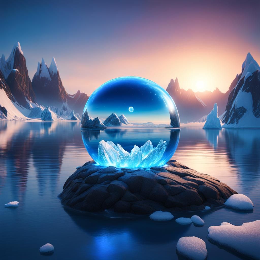 Magical Blue Orb Surrounded by Water and Ice