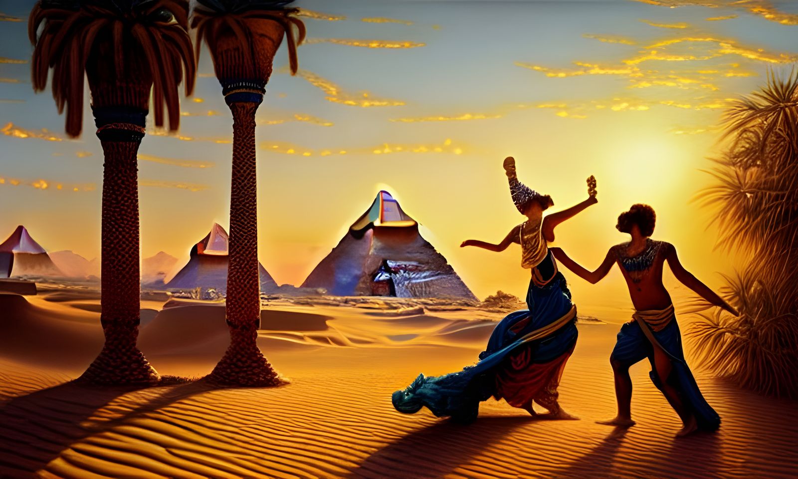 Egyptian Couple Dancing in Desert: Art Nouveau Rococo