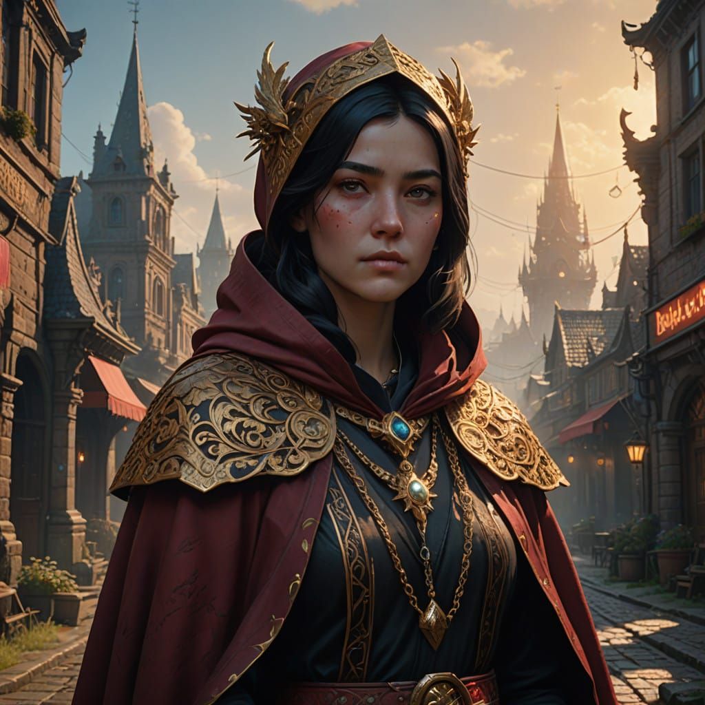 Regal Woman in Crimson Robe with Ornate Hood