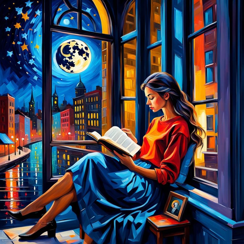 Girl Reading Book in Vibrant Impasto Style