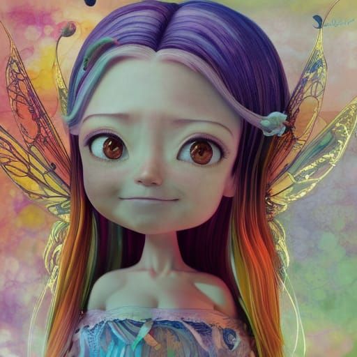 Happy Fairy Bobblehead Portrait in Watercolour Style