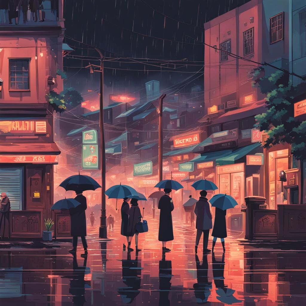 Lofi Cityscape After Rain with Umbrellas
