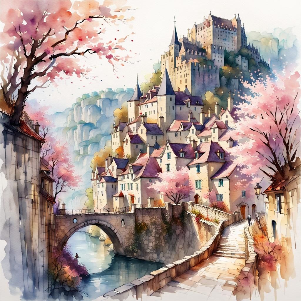 Rocamadour Village Dreamlike Watercolor Painting