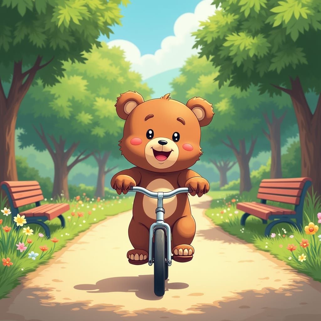 Bear Cub on Bicycle in Park, Cel-Shaded Anime Art