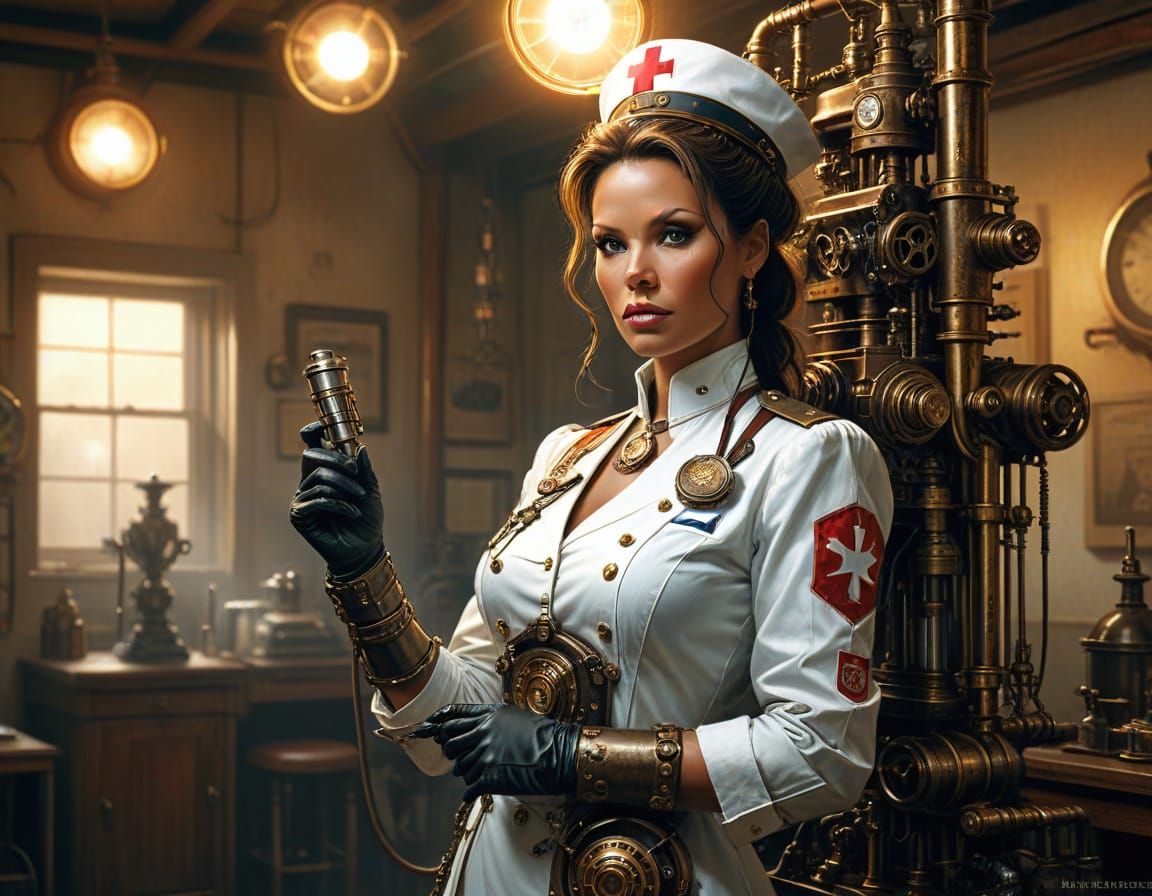 Steampunk Nurse in Clinic, Impressionistic Oil Painting