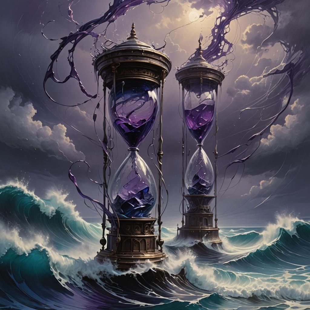 Hourglass Levitation in Beksiński-Inspired Mystical Ocean