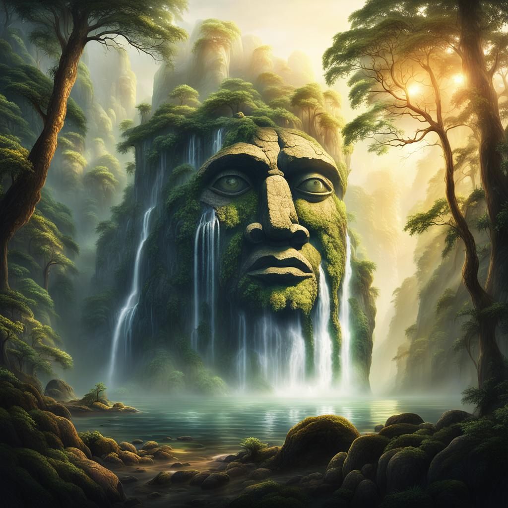 Giant's Face Rock with Waterfalls in Ethereal Landscape