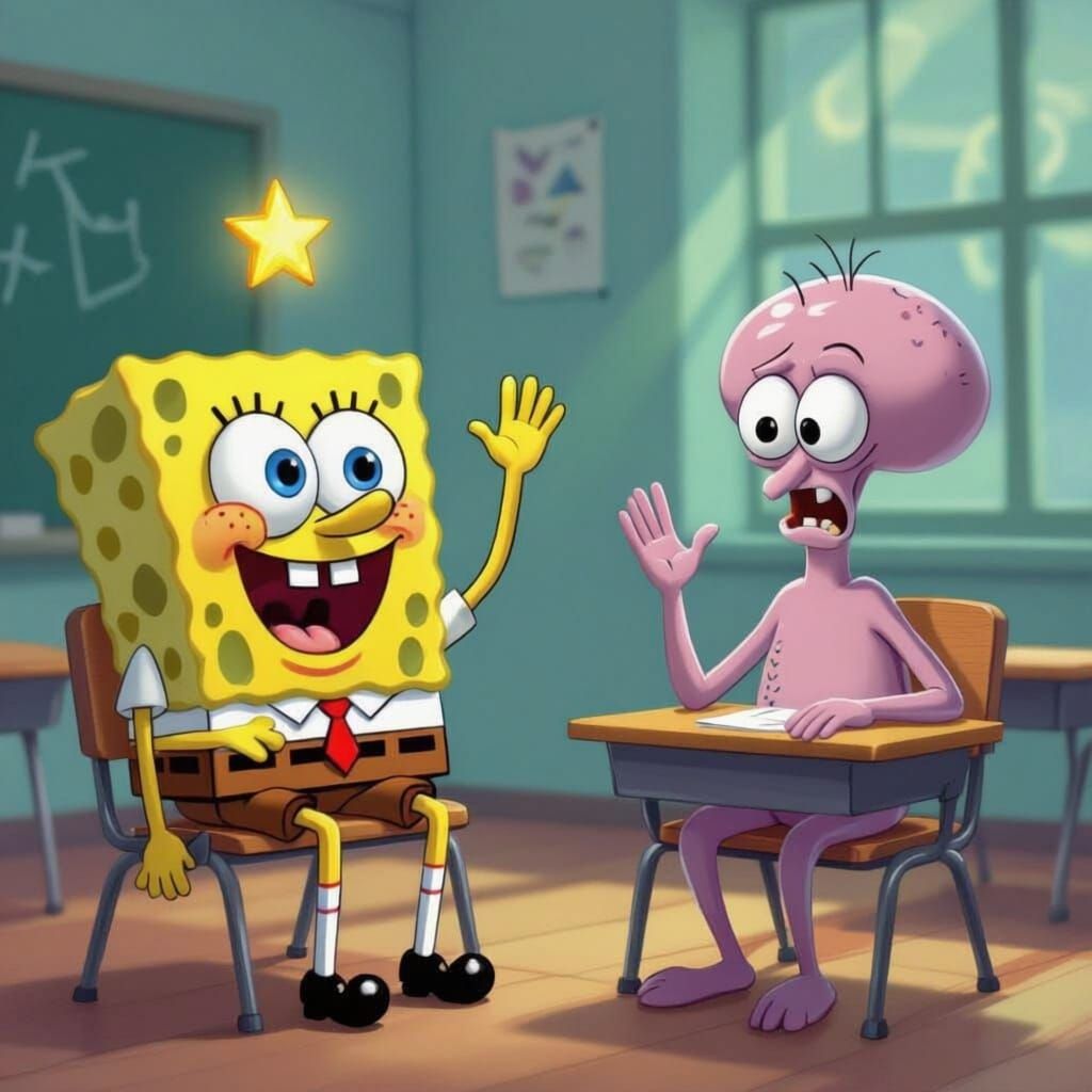 SpongeBob and Squidward in Classroom: Hand Raised vs. Hesita...
