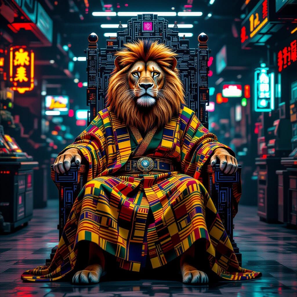 Cyberpunk Lion King on Circuit Board Throne