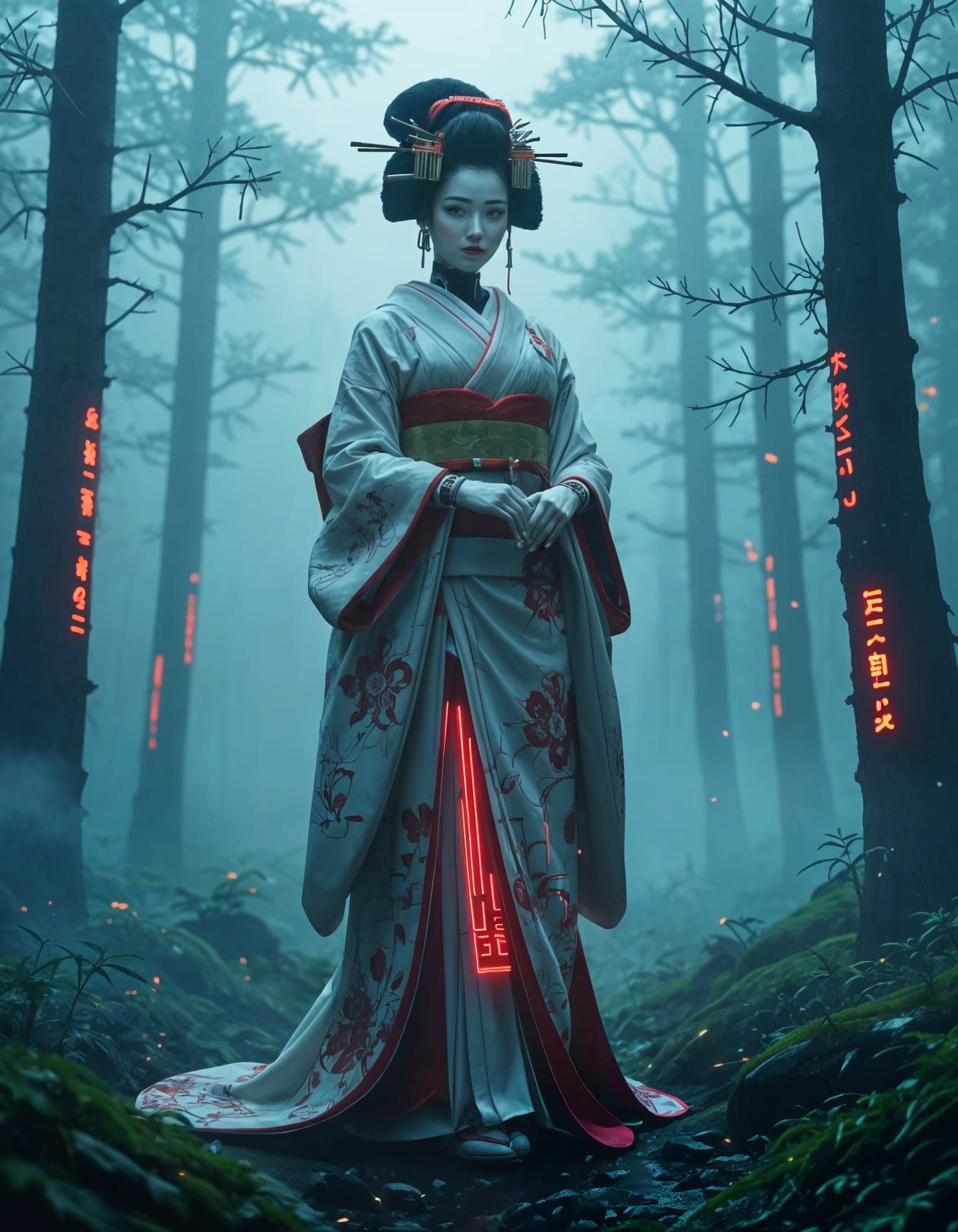 Cybernetic android geisha in a neon-lit forest