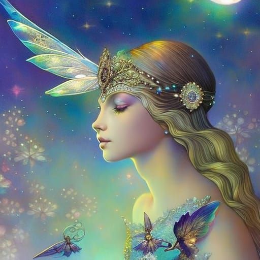 Moon Fairies Embrace in Gilded Illustration