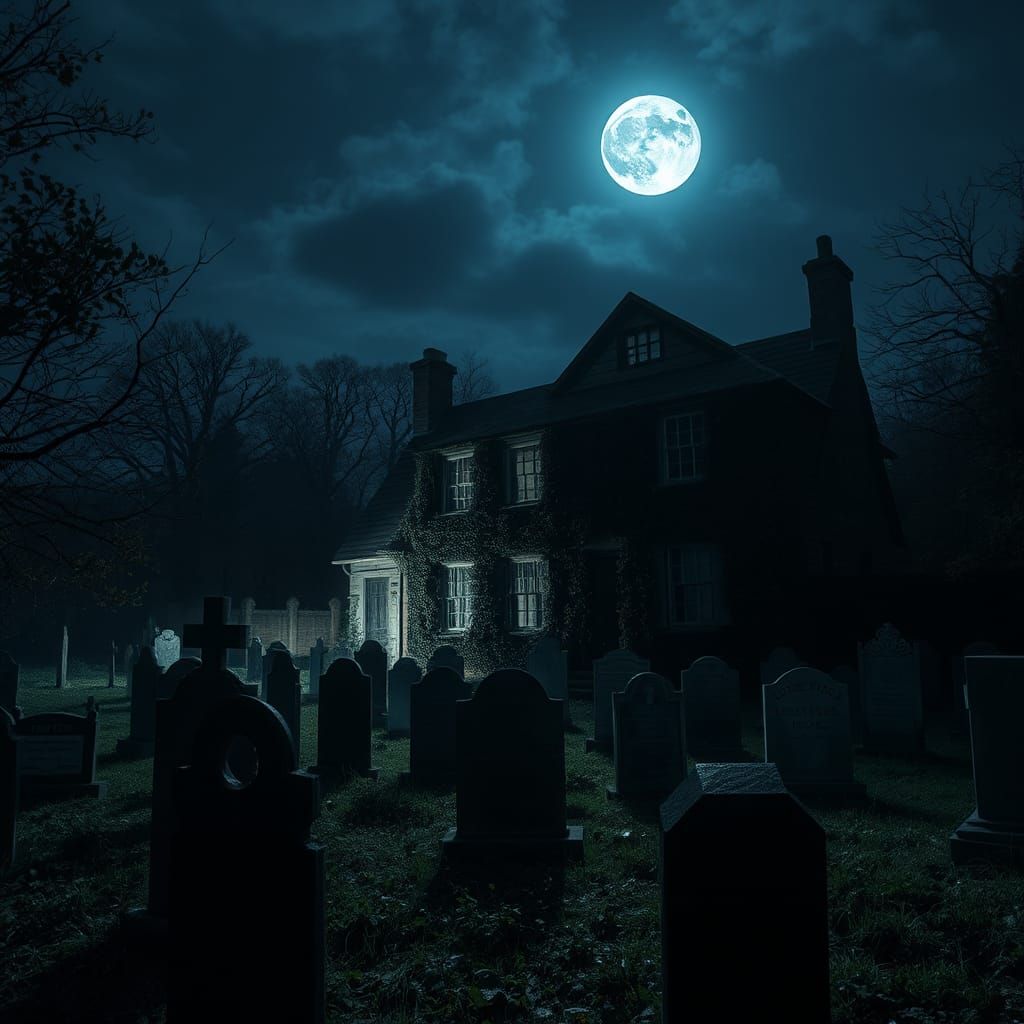 Ghost-Inhabited House near Graveyards at Night