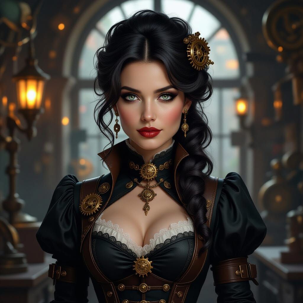 Steampunk Lady in Victorian Workshop Oil Painting