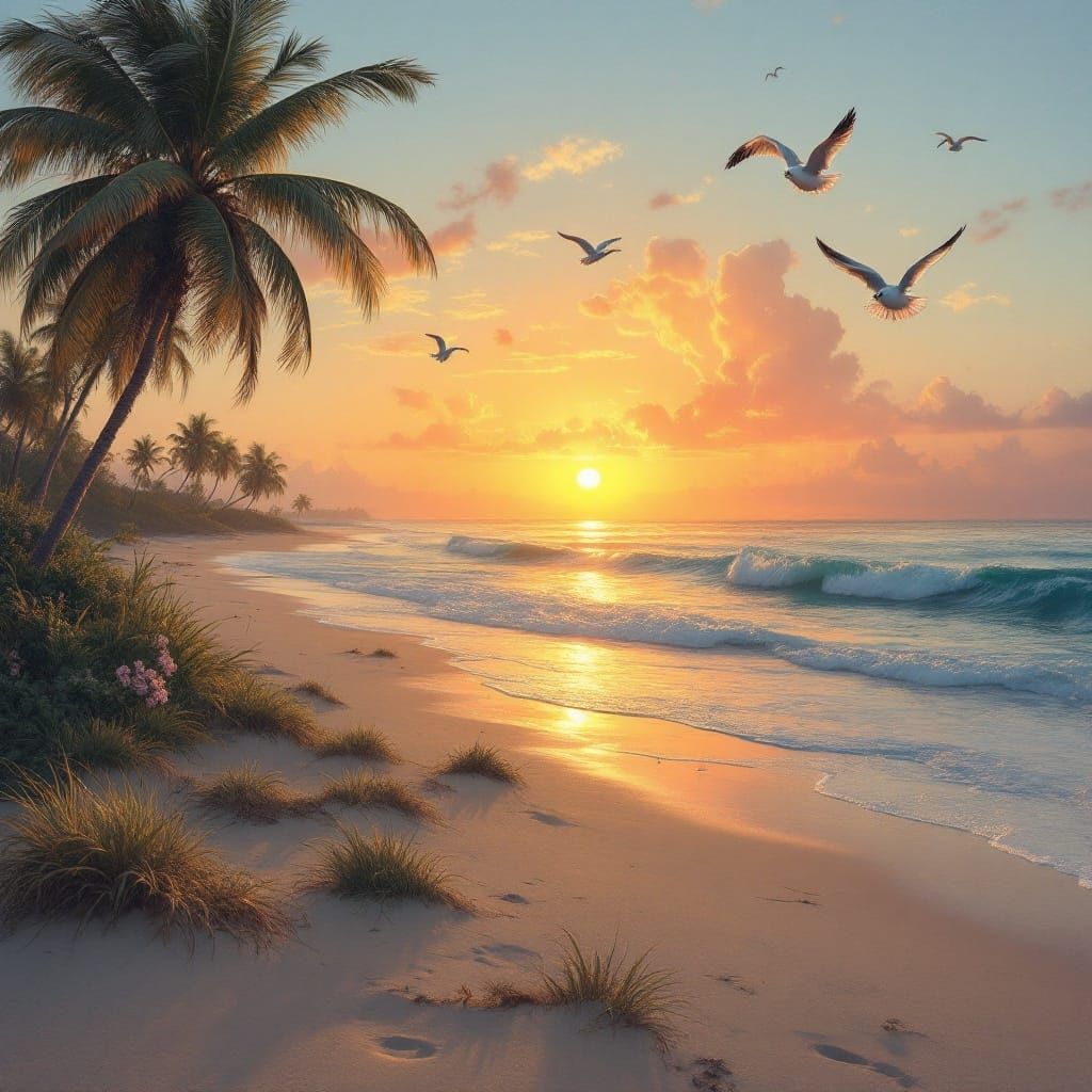Realistic Coastal Sunset with Palm Trees and Golden Glow